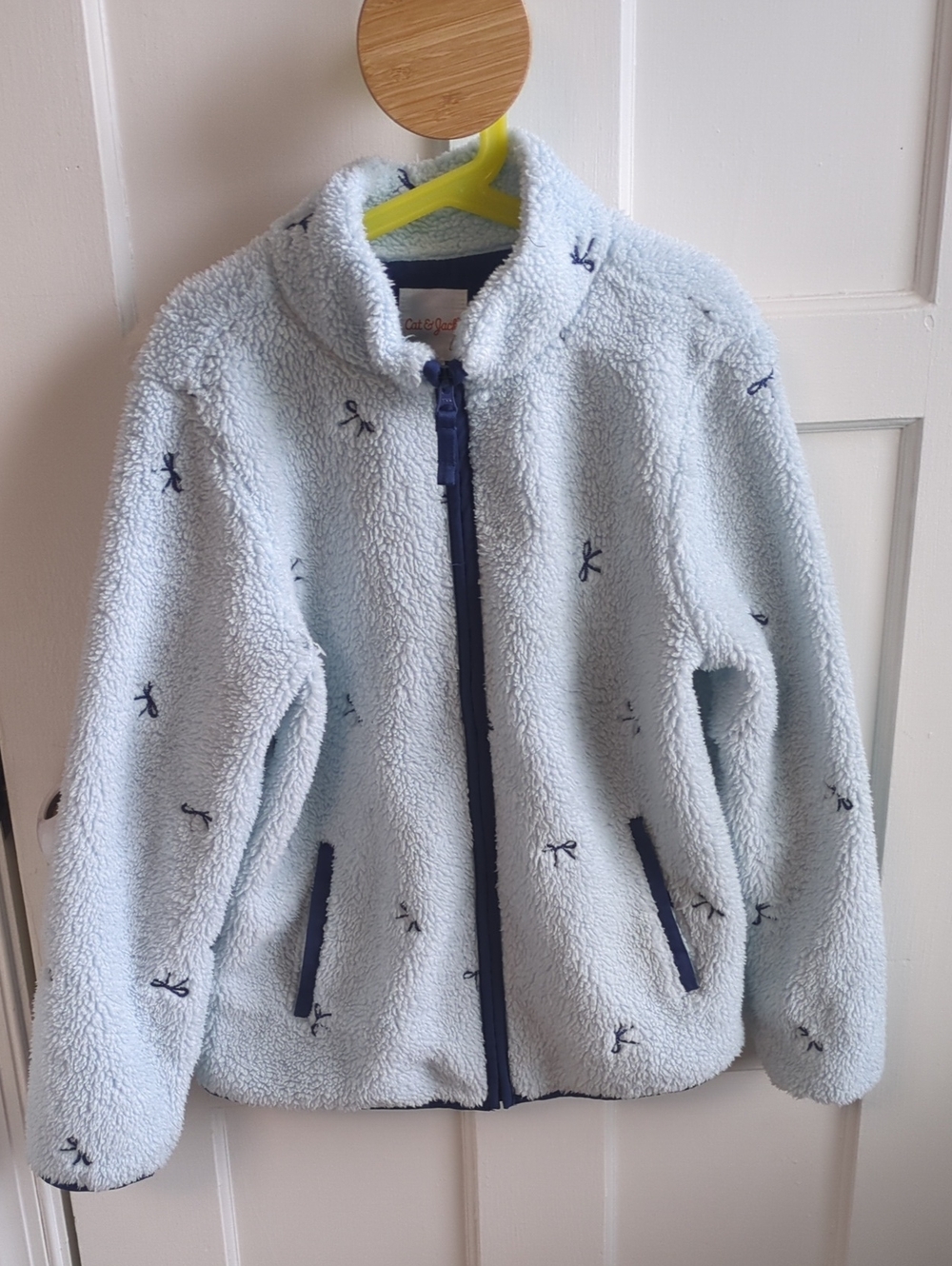 Cat & Jack Light Blue Sherpa Jacket with Navy Trim and Bow Embroidery